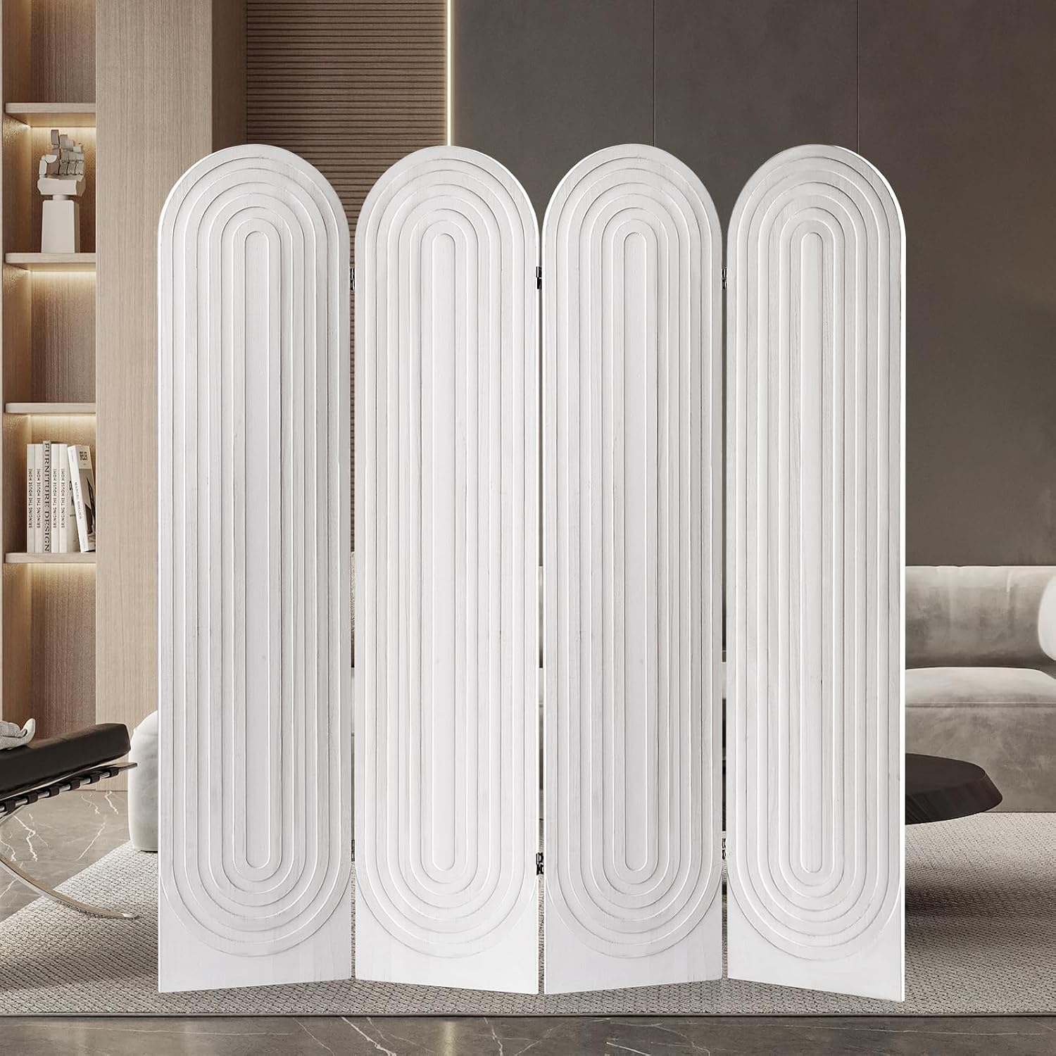 4 Panel Room Divider and Folding Privacy Screen, Foldable Wood Arched Room Divider Wall, Portable Partition Screen, Room Partition Divider for Room Separation for Home Office Bedroom, White