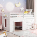 Ball & Cast Twin Size Low Loft Bed with Safety Guardrail & Stair,Wooden Bedframe W/Cabinet & Shelf,Solid Construction,No Spring Box Needed,Furniture Set for Boys Girls Keens Study Bedroom,White