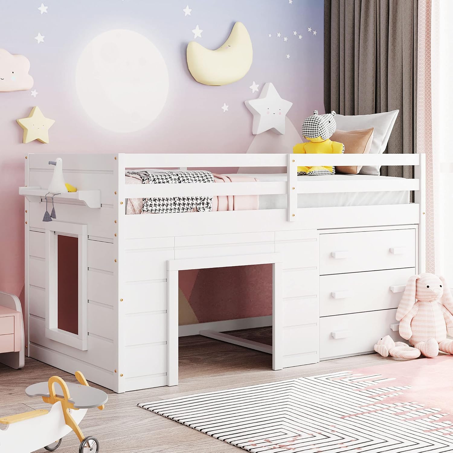Ball & Cast Twin Size Low Loft Bed with Safety Guardrail & Stair,Wooden Bedframe W/Cabinet & Shelf,Solid Construction,No Spring Box Needed,Furniture Set for Boys Girls Keens Study Bedroom,White