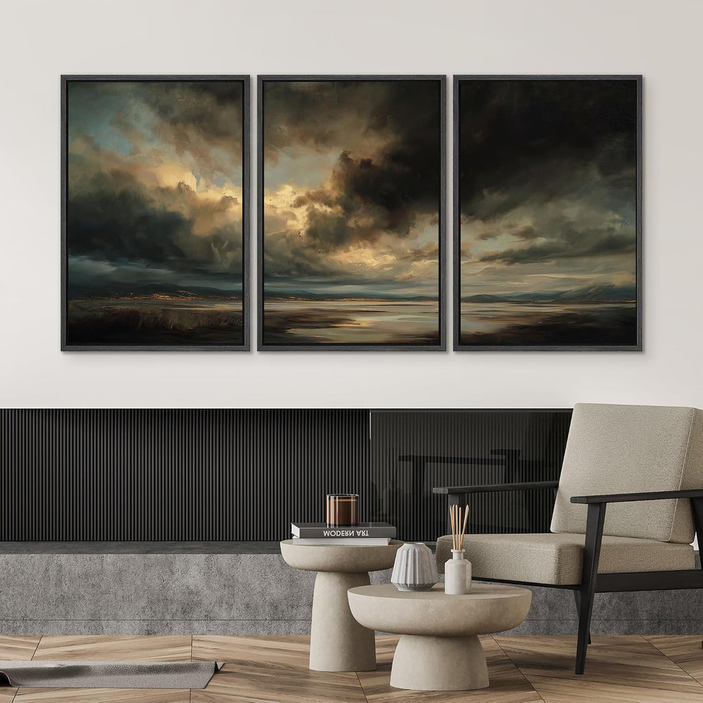 SIGNWIN Framed Canvas Print Wall Art Set Dramatic Stormy Sky Golden Light Coastal Landscape Illustrations Modern Art Decorative Scenic Rustic for Living Room, Bedroom, Office - 24'x36'x3 Black