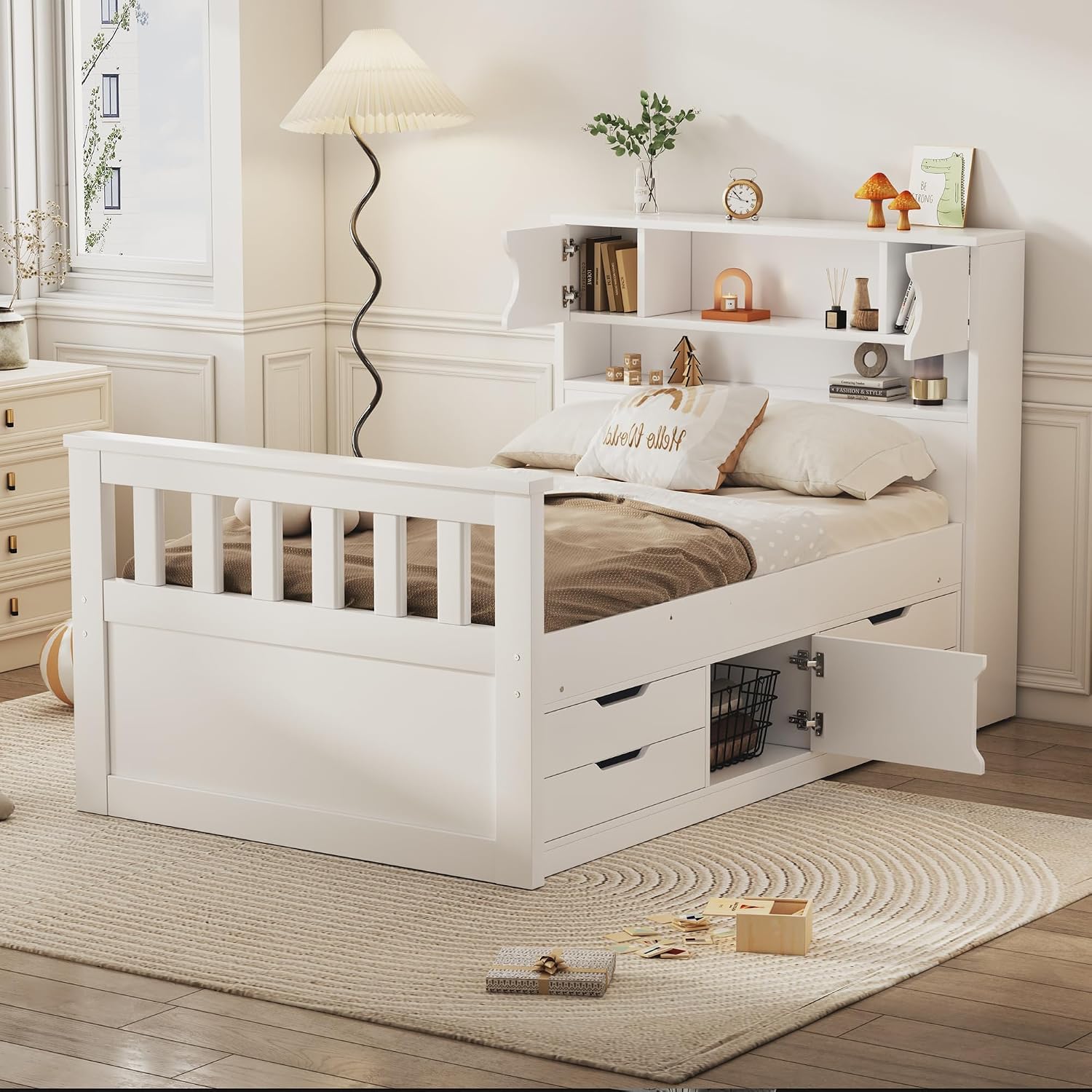 SOFTSEA Twin Size Captains Bed Frame with Storage Drawers, Wood Platform Bed with Bookcase Headboard, Storage Shelves and Doors for Kids Teens, No Box Spring Needed, White
