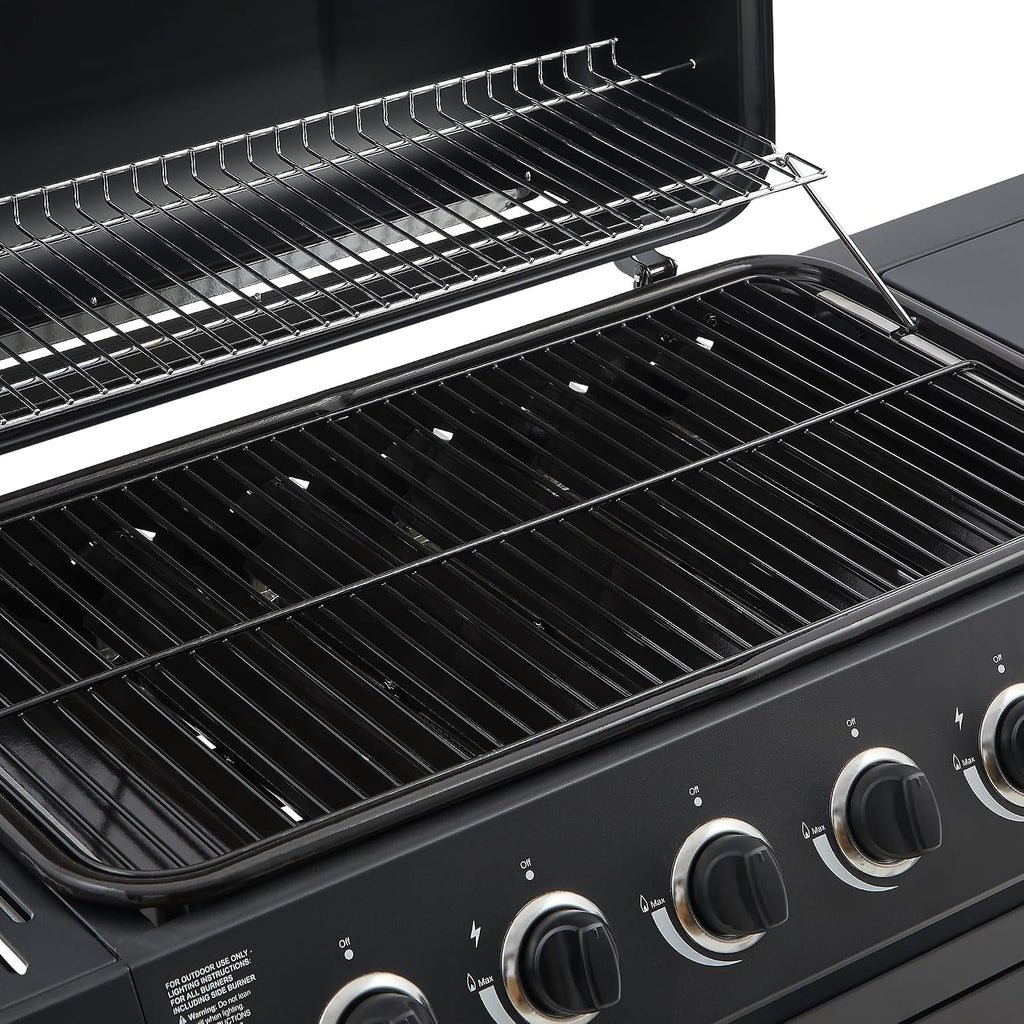 Black 6 Burner Propane Gas BBQ Grill with Side Burner, 59000 BTU Output Stainless Steel Barbecue Grill with Enameled Grates and Side Tables for Outdoor Cooking Patio Backyard (6+1)