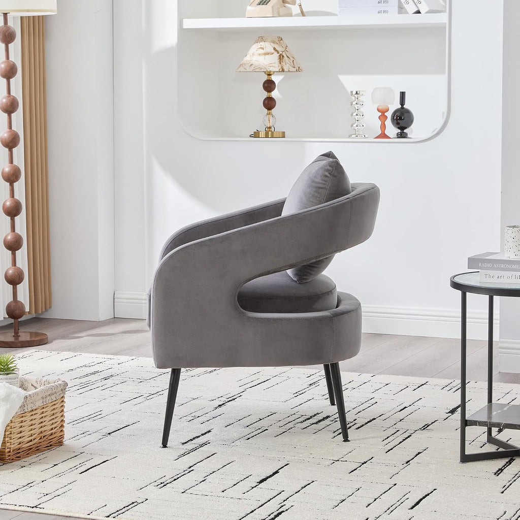 Modern Minimalist Style Open Back Accent Chair,Velvet Barrel Dining Chair with Metal Legs,Comfortable Upholstered Single Sofa for Living Room,Bedroom,Reception,Dining Room,Charcoal