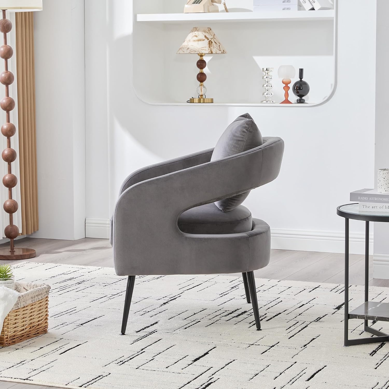 Modern Minimalist Style Open Back Accent Chair,Velvet Barrel Dining Chair with Metal Legs,Comfortable Upholstered Single Sofa for Living Room,Bedroom,Reception,Dining Room,Charcoal