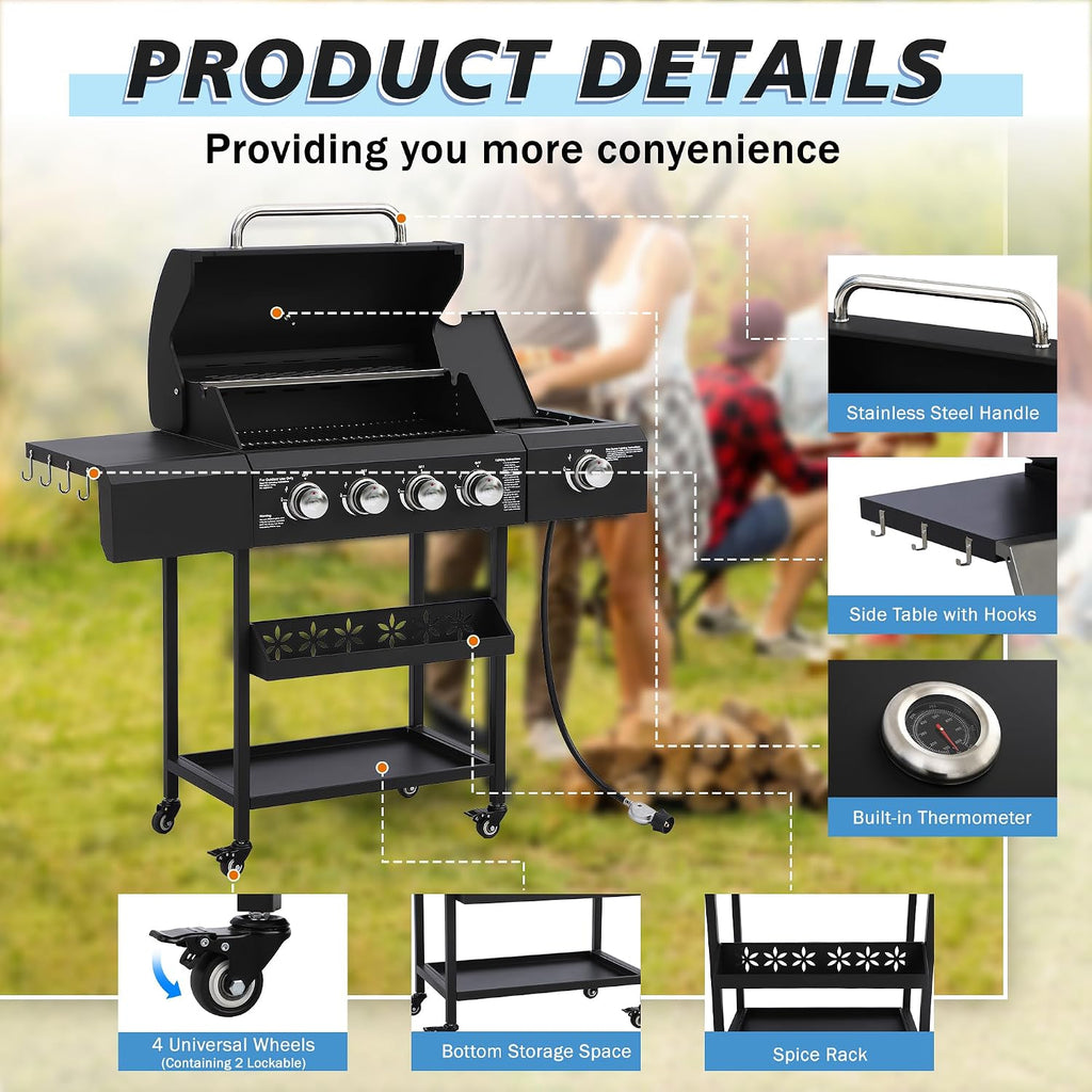 4-Burner Gas Grill with Side Burner, Outdoor BBQ Grill with Hooks, Built-In Thermometer, Stainless Steel Grate, 50000BTU Propane Grills W/Side Shelf for Outdoor Cooking & Patio Barbecue