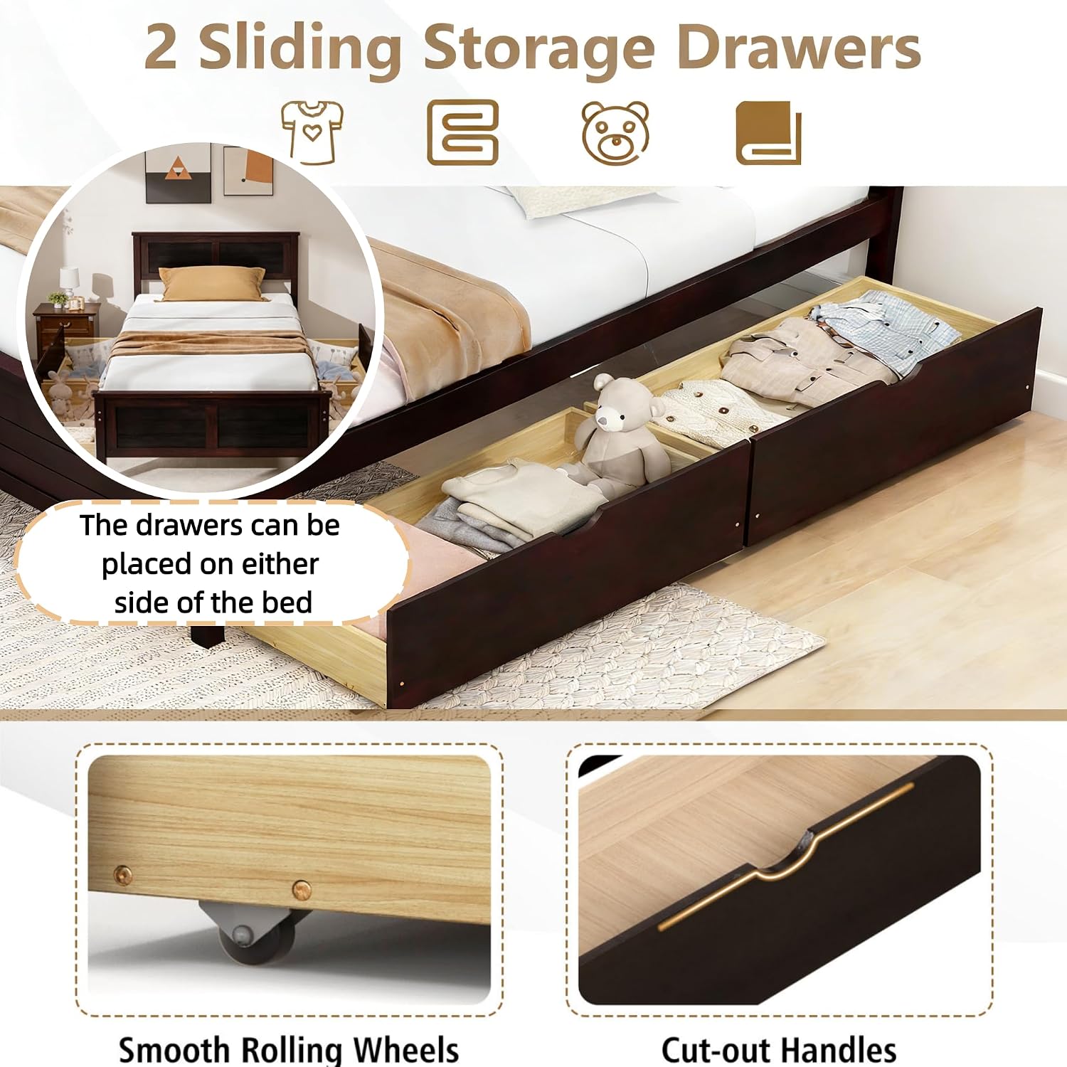 KOMFOTT Twin Size Wood Bed Frame with 2 Storage Drawers, Mid Century Platform Bed Frame with Headboard, Sturdy Wooden Slats Support, Modern Mattress Foundation, No Box Spring Required, Easy Assembly