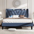 koorlian Queen Bed Frame with Headboard, Adjustable Upholstered Platform Bed Frame with Type-C&USB Ports, Wingback Storage Headboard, Solid Wood Slats Support, No Box Spring Needed, Dark Blue