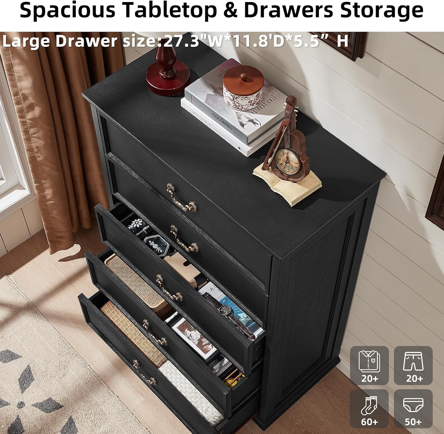 Joaxswe Bedroom Dresser Sets, 54' Wide 7 Drawers Dresser and 45' Tall 5 Drawers Dresser, Wooden 2 Piece Bedroom Furniture Set, Chest of Drawer for Bedroom, Home, Living Room, Hallway, Black