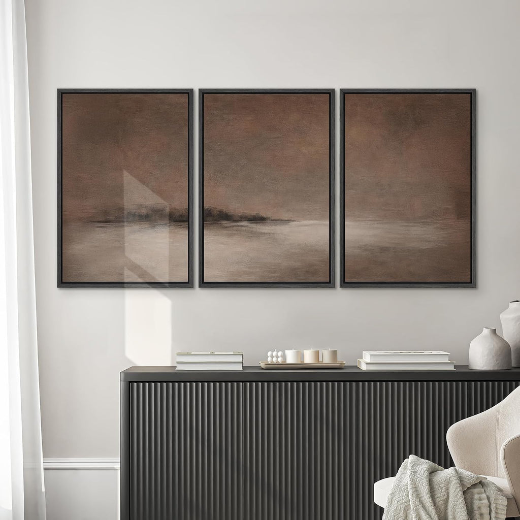 SIGNWIN Framed Canvas Print Wall Art Set Misty Brown Horizon Minimal Abstract Landscape in Warm Earth Tones Illustrations Modern Art Decorative for Living Room, Bedroom, Office - 24'x36'x3 Black