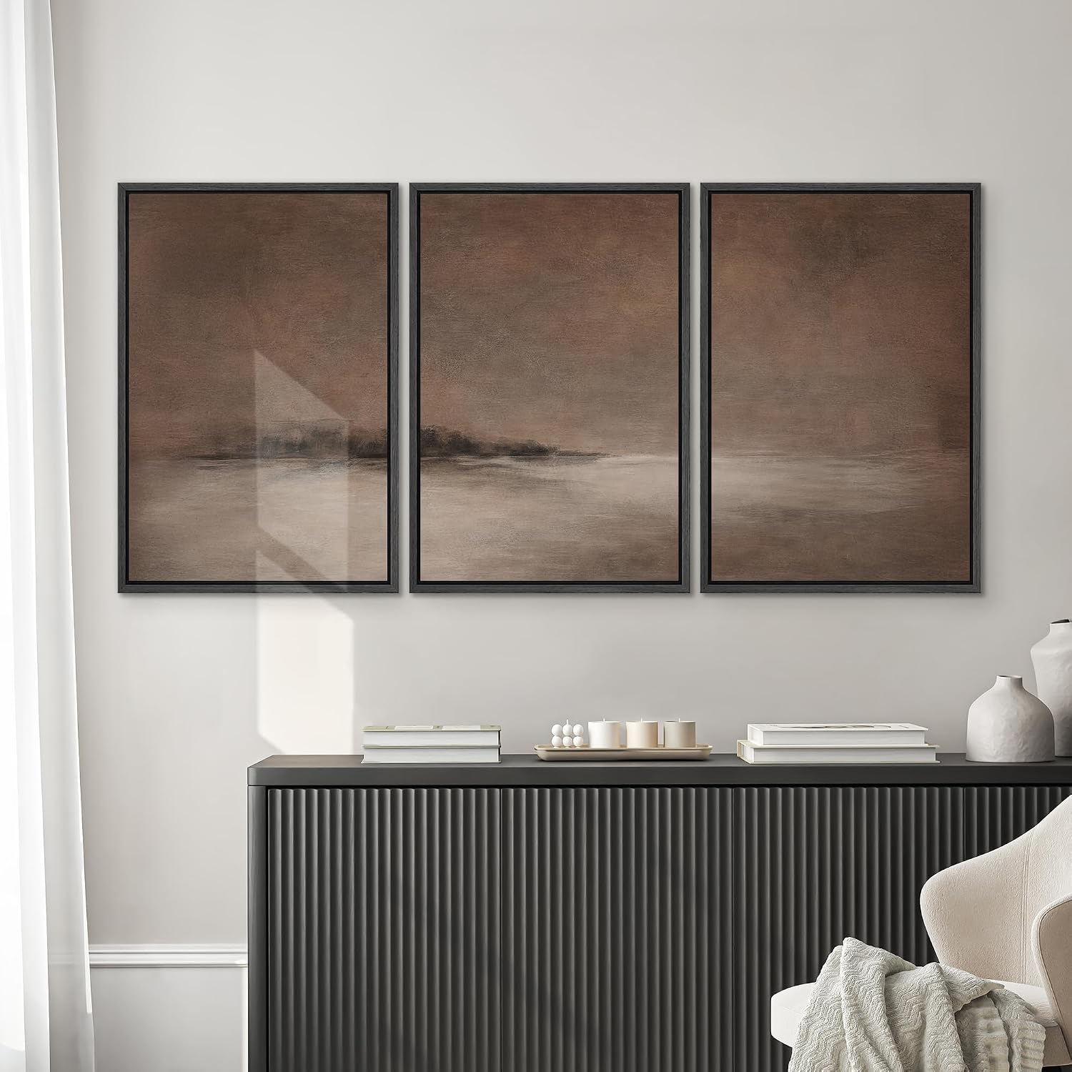 SIGNWIN Framed Canvas Print Wall Art Set Misty Brown Horizon Minimal Abstract Landscape in Warm Earth Tones Illustrations Modern Art Decorative for Living Room, Bedroom, Office - 24'x36'x3 Black