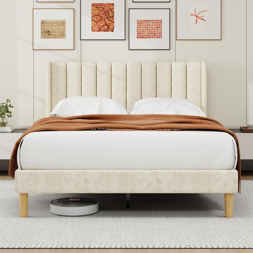 alazyhome Platform Bed Frame Queen Size with Upholstered Headboard, Solid Wood Slats Support, No Box Spring Needed, Noise Free, Easy Assembly, Modern Velvet Bed, Beige