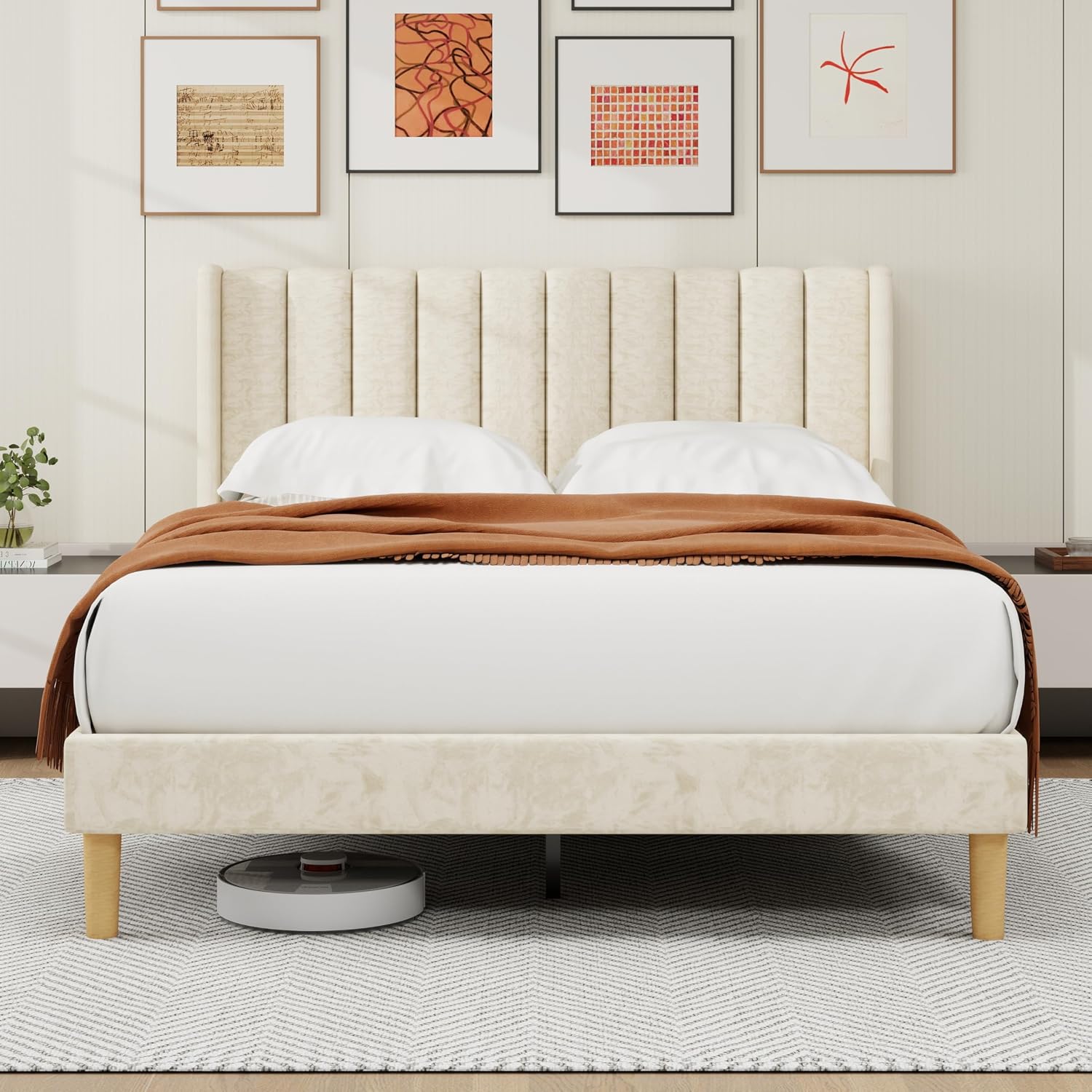 alazyhome Platform Bed Frame Queen Size with Upholstered Headboard, Solid Wood Slats Support, No Box Spring Needed, Noise Free, Easy Assembly, Modern Velvet Bed, Beige