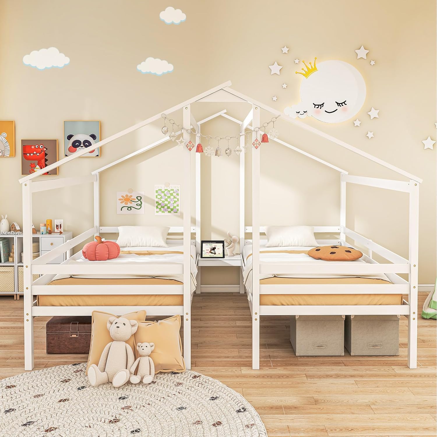 Giantex Double Twin Bed Frames for Kids, Wood House Shaped Platform with Built-in Nightstand & USB Port, 2 Shared Beds for Teens, Boys & Girls, White
