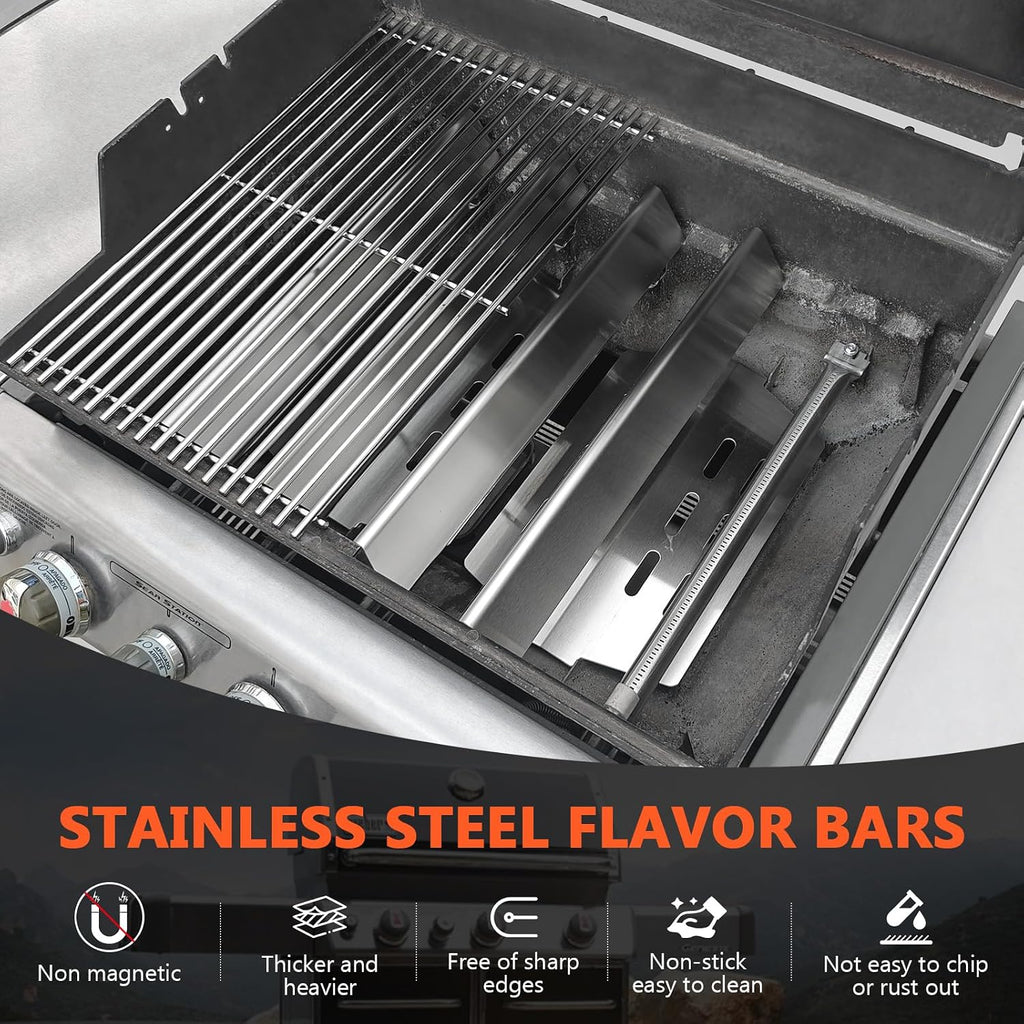 QuliMetal 304 Stainless Steel 7524 Grill Grates & 7621 Flavorizer Bars, 65505 Heat Deflectors for Weber Genesis 300 Series with Front Control Knob, Replacement for Genesis E310 S310 E/S320 E/S330