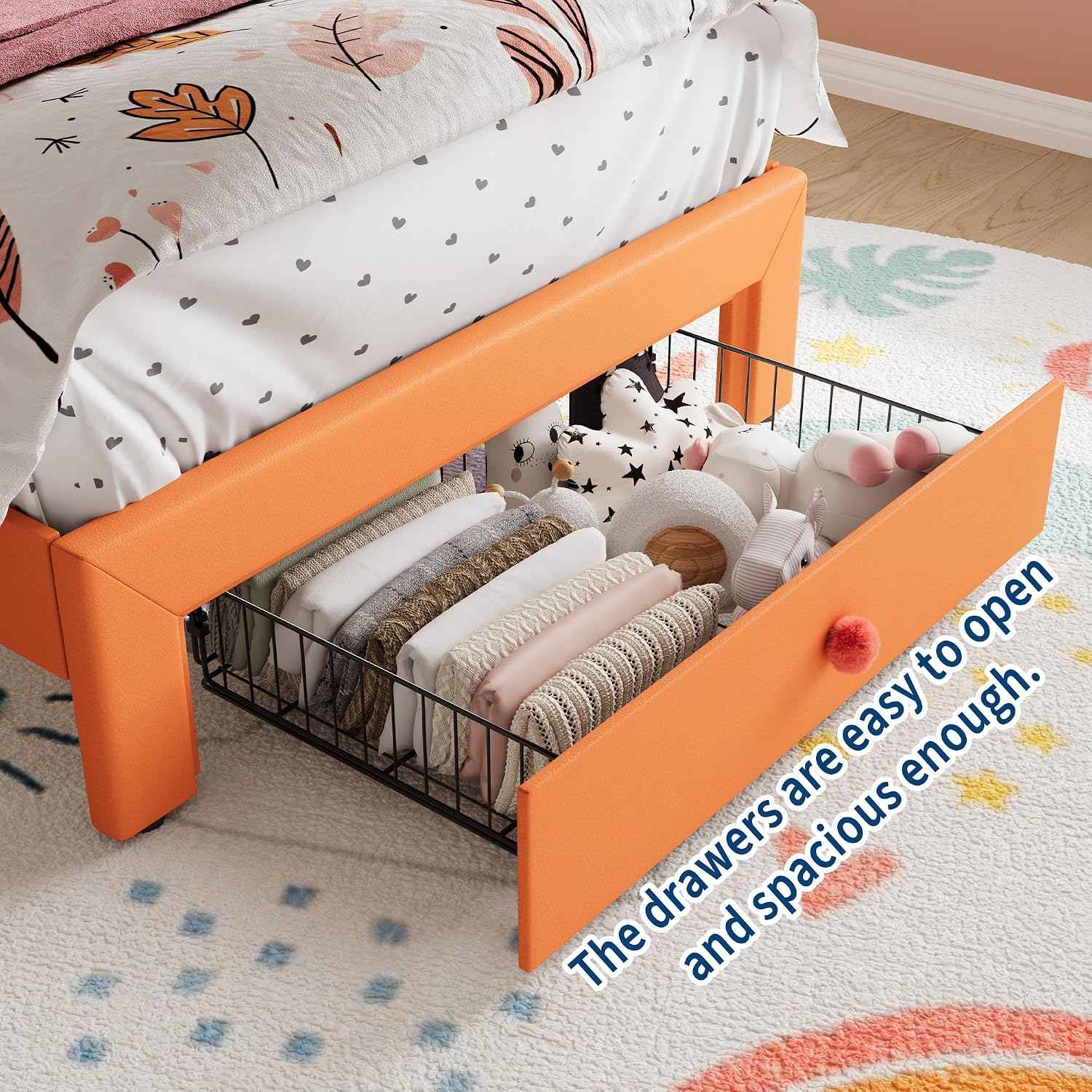 Garvee Twin Size Bed Frame with LED Lights & Velvet Crystal Button Headboard, Upholstered Boy/Girl Platform Bed with Storage Drawer, Noise Free, No Box Spring Needed for Kids, Teens, Orange