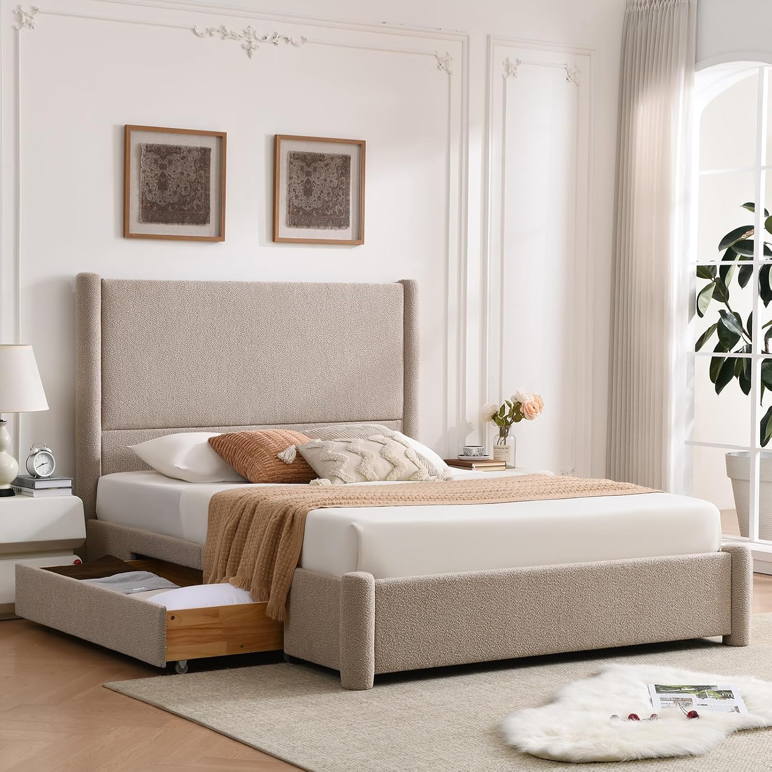 VELOCAVA Queen Size Upholstered Bed Frame with 51.77' Tall Headboard and Soft Rounded Corners, Side Storage Drawers, 12-Slat Support, No Box Spring Needed, Bouclé Texture, Beige