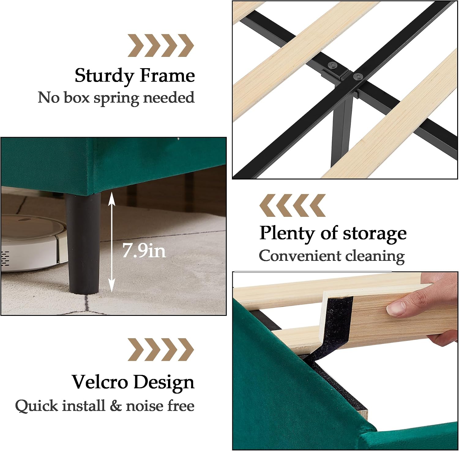 VECELO Queen Bed Frame, Platform Bed Frame with Adjustable Height Upholstered Headboard, Heavy-Duty Frames and Strong Wooden Slats Support, Non-Slip and Noise-Free, Easy Assembly, Dark Green