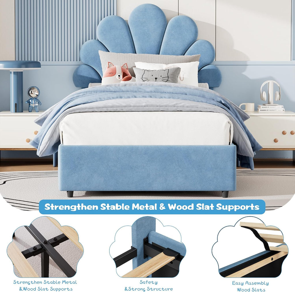 Twin Size Bed Frame for Kids - Cute Princess Style Velvet Headboard with 2 Storage Drawers, Upholstered Platform Bedframe with Solid Wood Slats Support, No Box Spring Needed, Easy Assembly, Blue