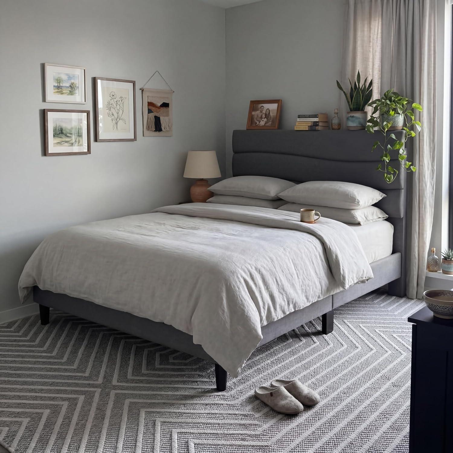 EnHomee Twin Size Bed Frame with Adjustable Height Upholstered Headboard, 3 USB Charging Ports, Noise-Free Platform Bed, No Box Spring Needed, Grey