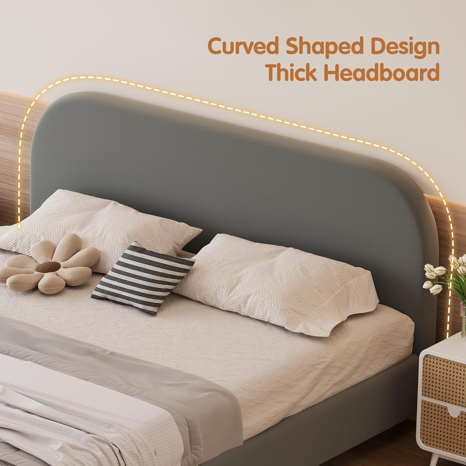 Luxurious Velvet Queen Size Upholstered Platform Bed, Modern Solid Bed Frame with Curve-Shaped Design and Thick Headboard for Bedroom, Easy 15-30 min Assembly,Grey