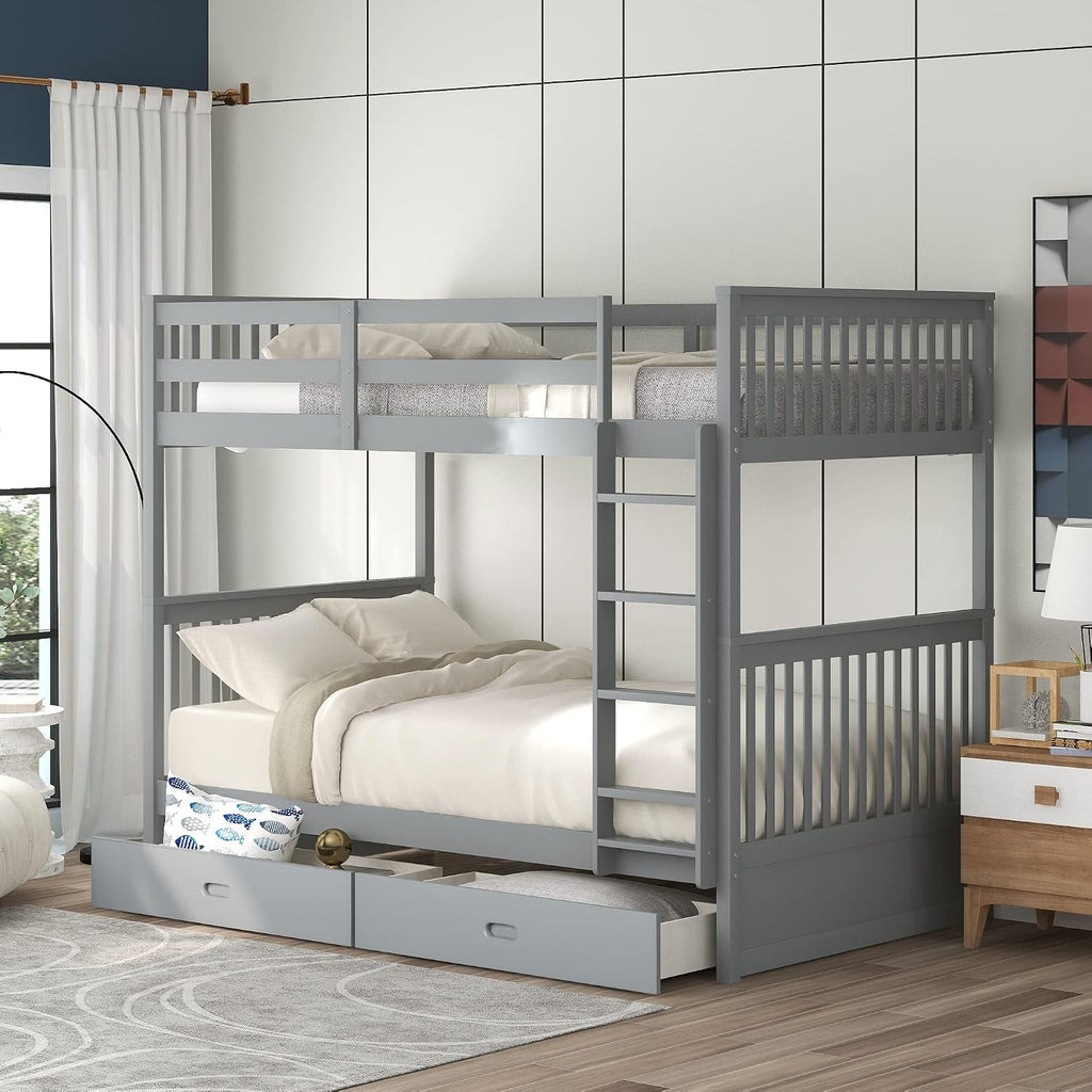 Merax Twin-Over-Twin Bunk Bed with Two Storage Drawers, Solid Wood Twin Size Bunk Bed with Guardrial and Removble Ladder, Can be Converted Into 2 Separate Beds, Grey