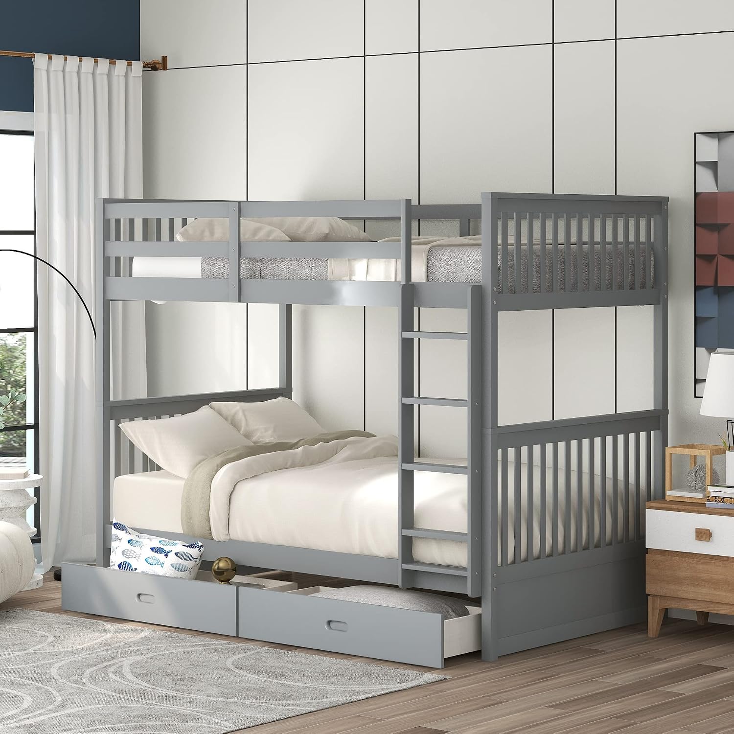 Harper & Bright Designs Twin-Over-Twin Bunk Bed with Two Storage Drawers, Solid Wood Twin Size Bunk Bed with Guardrial and Removble Ladder, Can be Converted Into 2 Separate Beds, Grey