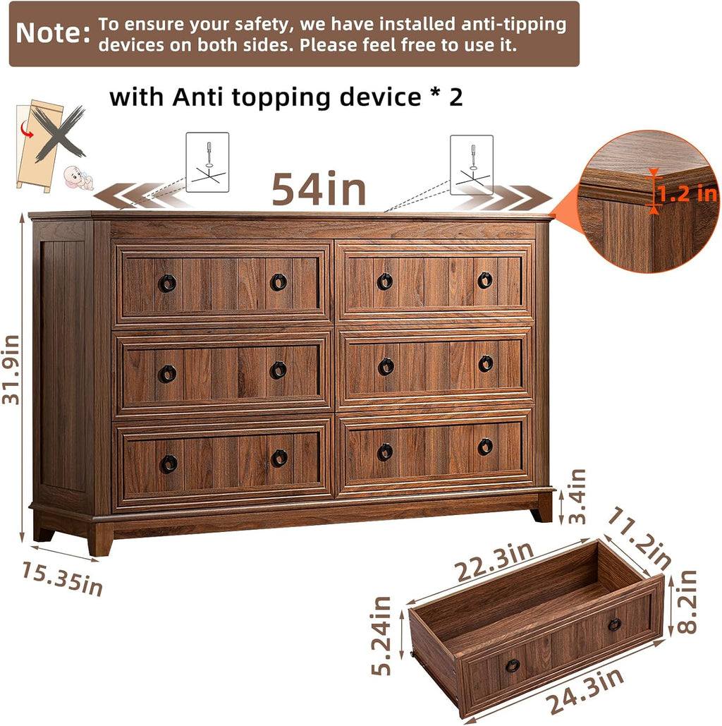 Joaxswe Farmhouse Furniture Set, Nightstands Set of 2 and 6 Drawers Dresser for Bedroom, 54 Inch Wide Wood Dresser and 18' Night Stands with Charging Station for Bedroom, Living Room, Hallway