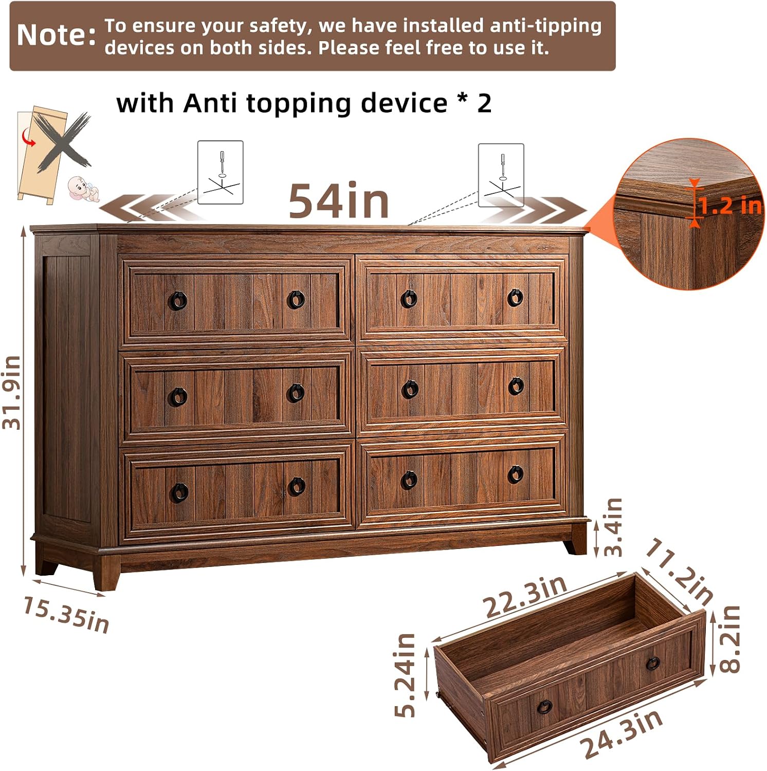 Joaxswe Farmhouse Furniture Set, Nightstands Set of 2 and 6 Drawers Dresser for Bedroom, 54 Inch Wide Wood Dresser and 18' Night Stands with Charging Station for Bedroom, Living Room, Hallway