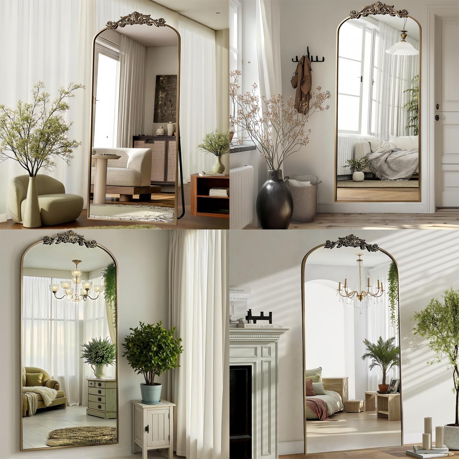 Dewfig Arched Full Length Mirror, 71'x28' Full Body Mirrors with Carved, Floor Mirror for HomeDecor, Standing/Halling Large Wall Mirror for Bedroom, Living Room, Cloakroom, Bronze, Retro Style