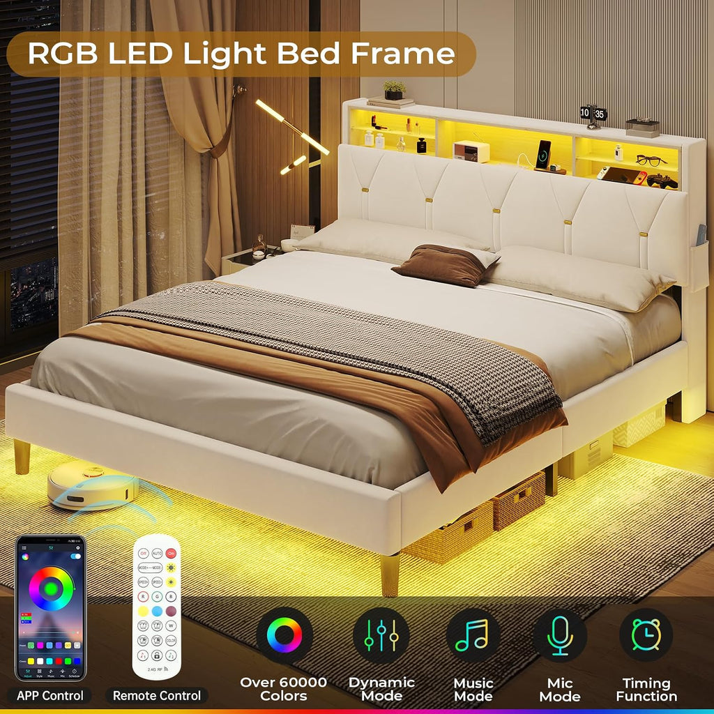 BTHFST Queen Bed Frame with Headboard Storage & LED Lights, Platform Bed Frame Queen Size with Charging Station, Velvet Upholstered Bed with Shelf Headboard, No Box Spring Needed, Creamy White