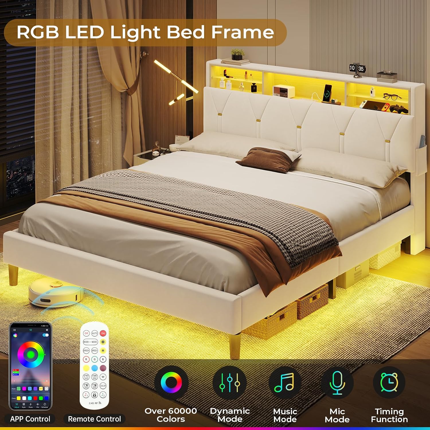 BTHFST Queen Bed Frame with Headboard Storage & LED Lights, Platform Bed Frame Queen Size with Charging Station, Velvet Upholstered Bed with Shelf Headboard, No Box Spring Needed, Creamy White