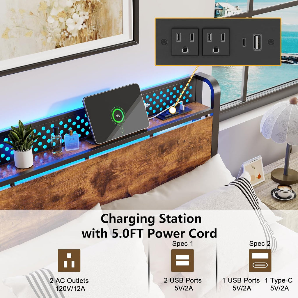 Furnulem Queen Bed Frame with Headboard Storage, Bed Frame Queen Size with Charging Station and LED Lights No Box Spring Needed,Heavy Duty Steel Slats,Noise Free