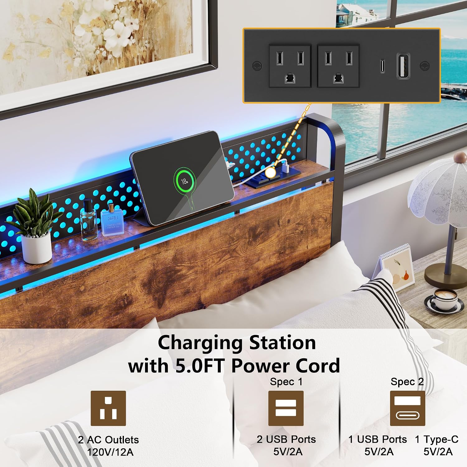 Furnulem Queen Bed Frame with Headboard Storage, Bed Frame Queen Size with Charging Station and LED Lights No Box Spring Needed,Heavy Duty Steel Slats,Noise Free