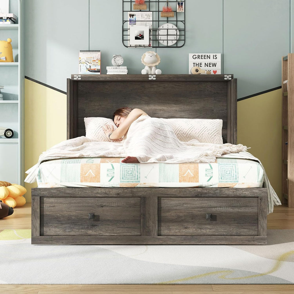 AMERLIFE Full Murphy Bed with Storage & Charging Station, Farmhouse Murphy Cabinet with Foldable Panel, Noisy Free, for Guest Bedroom, Living Room, Office, Rustic Grey