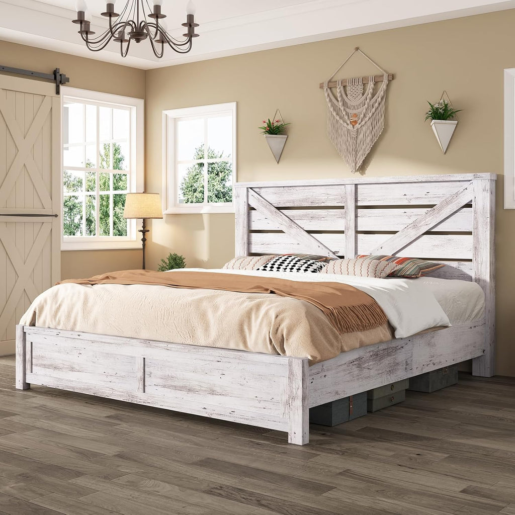 AMERLIFE King Size Bed Frame with 49.2' Barn Door Headboard and Footboard, Farmhouse Platform Bed Frame with Wood Slats, No Box Spring Needed, Under Bed Storage, Distressed White