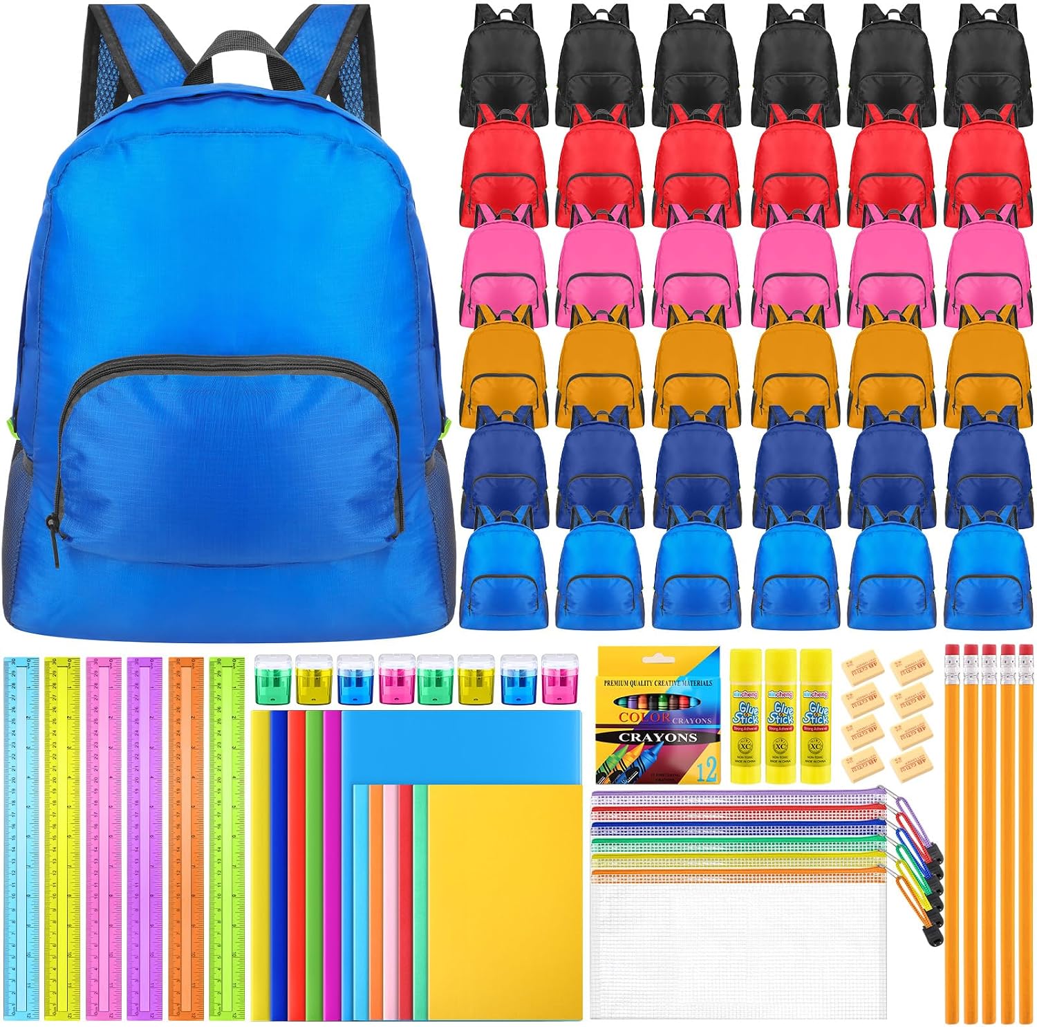 Affrolling 24 Sets Bulk Backpacks with Supplies Donations Kit Essentials Wholesale Backpack Assorted Styles(Bright)