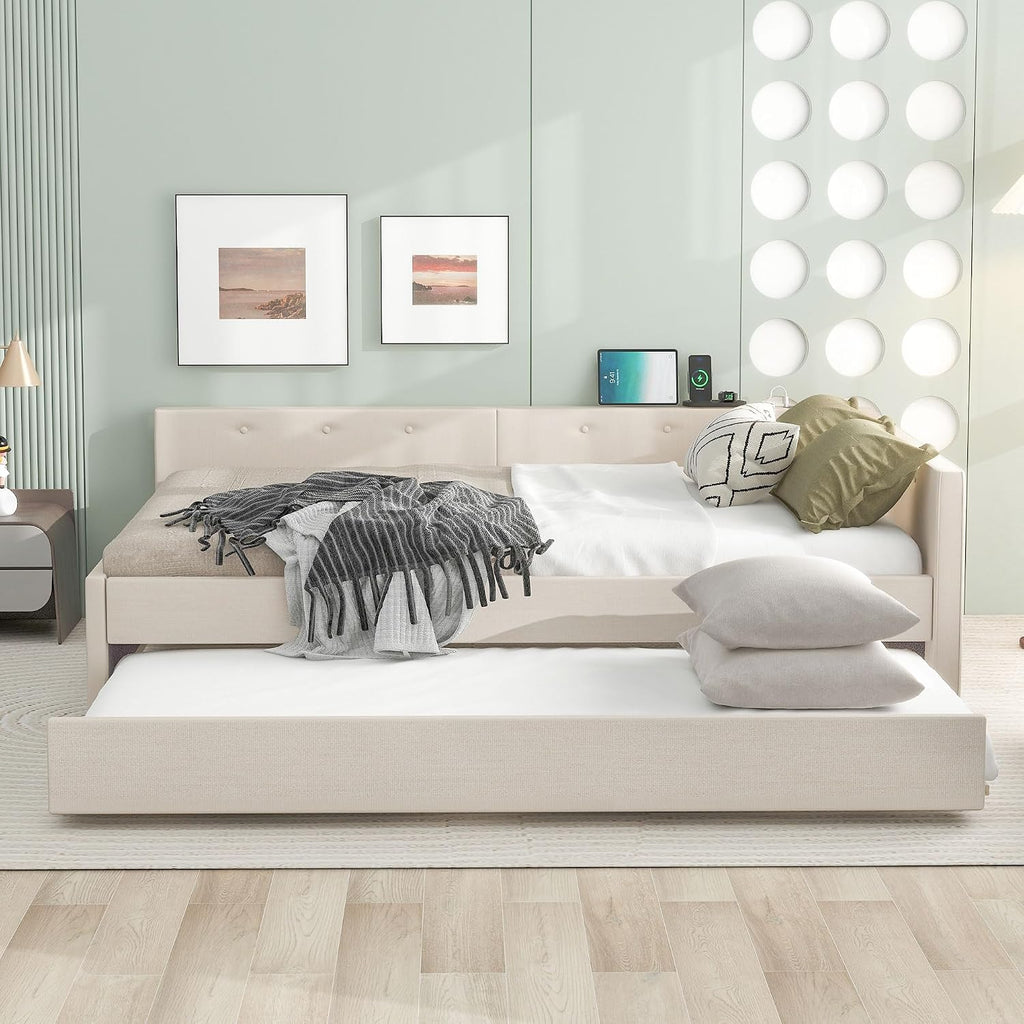 JYH Queen Bed Frame with Storage - Modern Upholstered Platform Bed with Wood Slats Support, Twin Size Trundle & Convenient USB Ports, Space Saving Design for Dormitory, Apartment, Guest Room, Beige