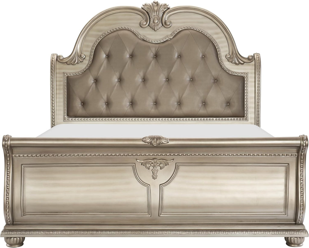 Traditional Classic 5 Pieces Queen Size Set Silver Finish Faux Leather Upholstered Bed Classic Design Marble Top Formal Bedroom Furniture