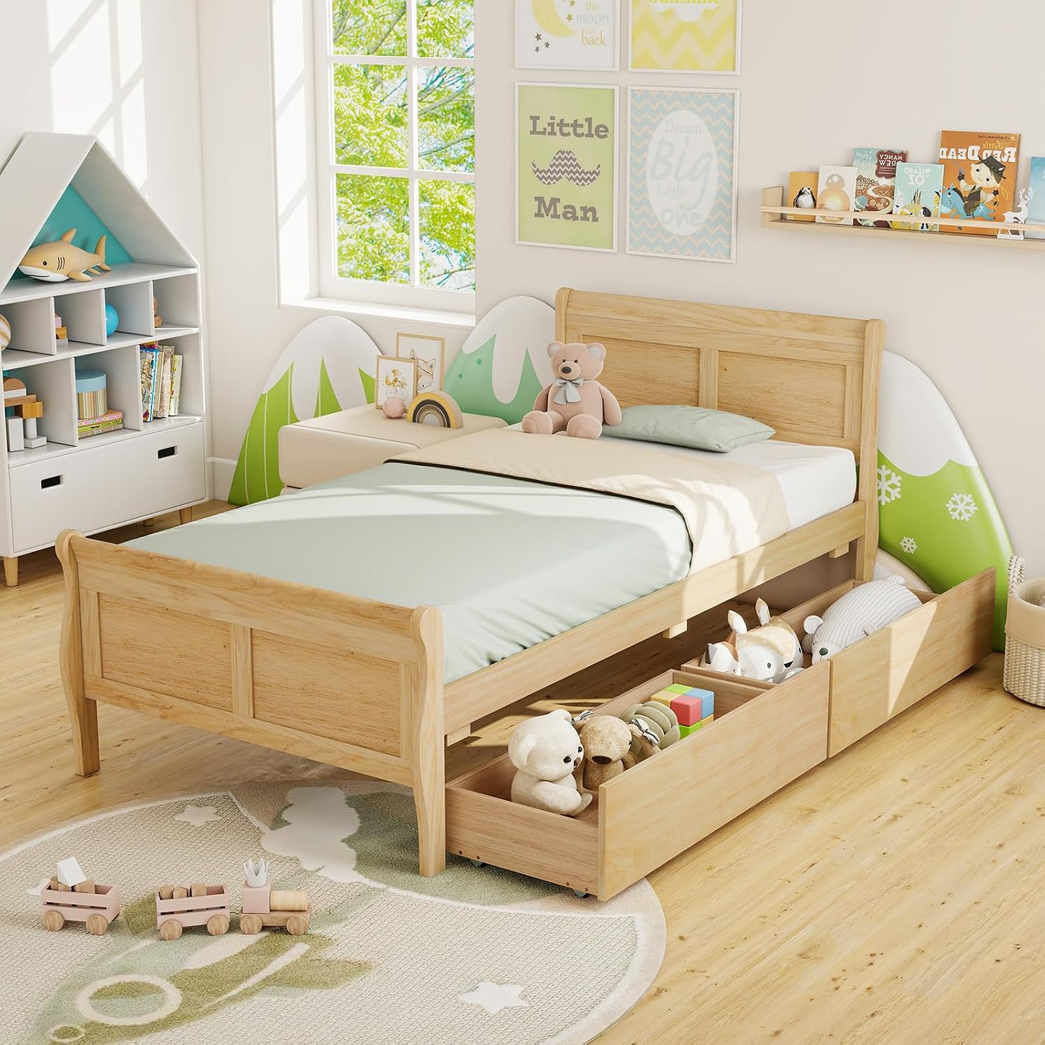 KOMFOTT Twin Bed with 2 Drawers, Twin Storage Bed with Headboard & Footboard, Sleigh Wood Bed Frame with Wooden Slats Support for Kids, Teens, Adults, No Box Spring Needed (Natural)