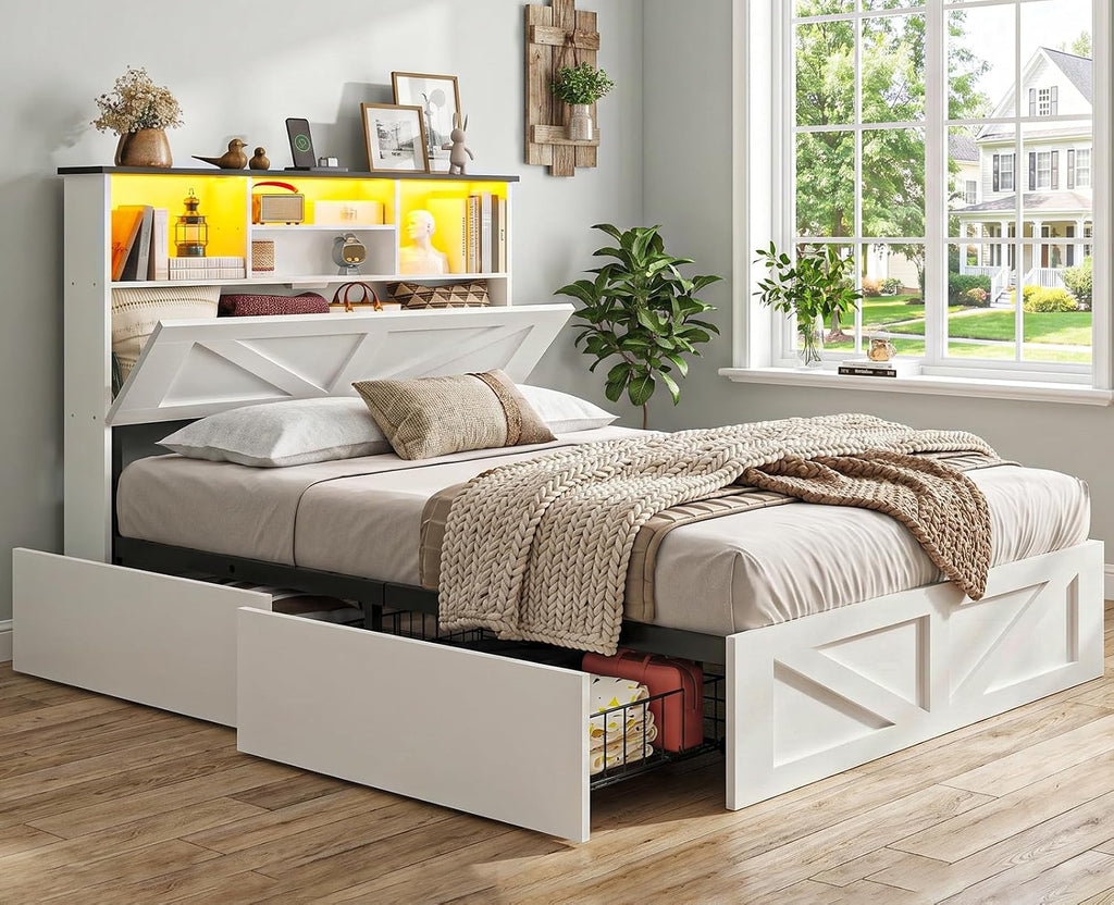 AOGLLATI Twin Bed with Storage Bookcase Headboard and 4 Drawers,Wooden Farmhouse Twin Bed Frame with Charging Station, Led Lights & Metal Slats,White