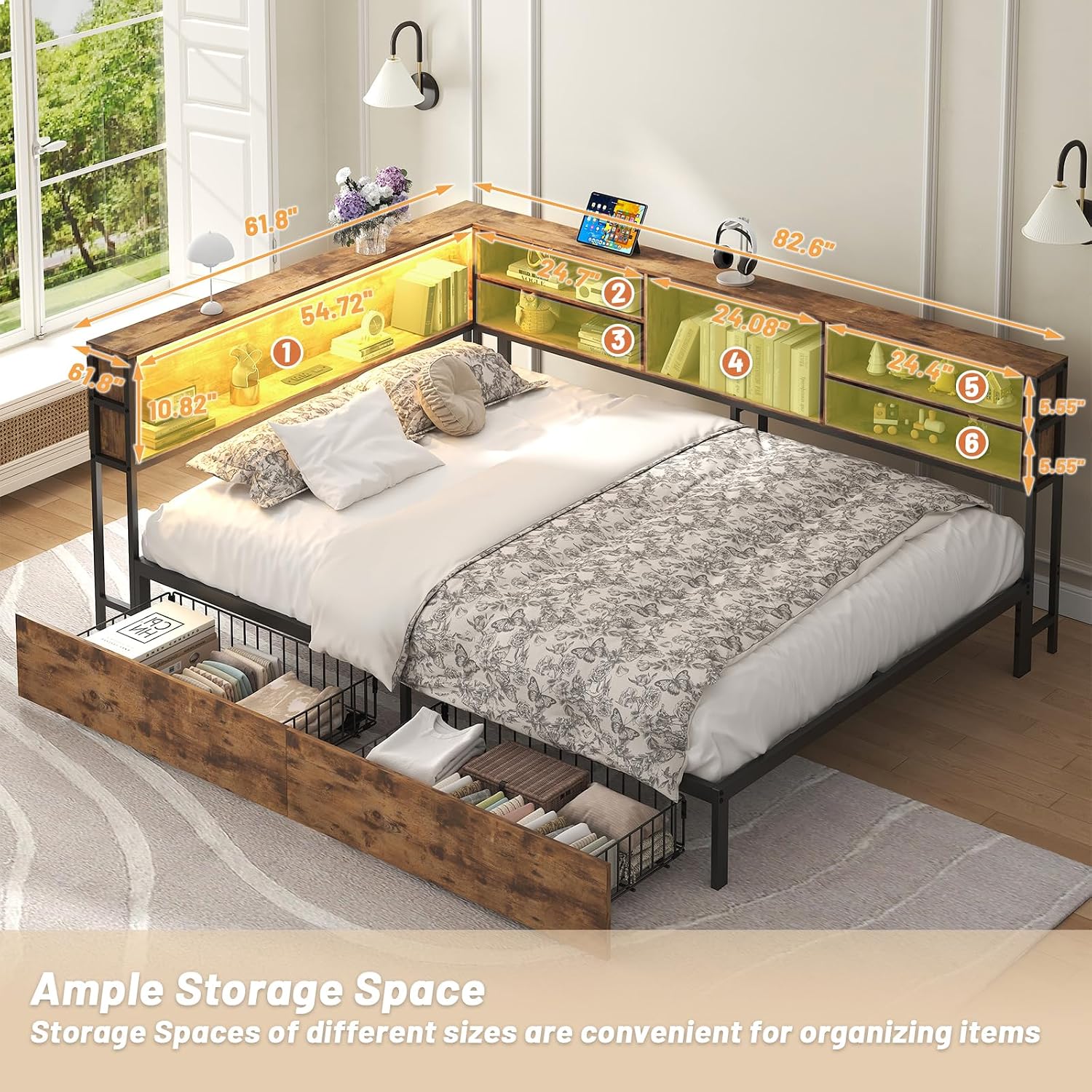 Bellemave Full Corner Bed Frame with Storage, Full Captains Bed with Charging Station, LED Light, Wood Daybeds with L-Shaped Bookcase and 2 Drawers, Brown