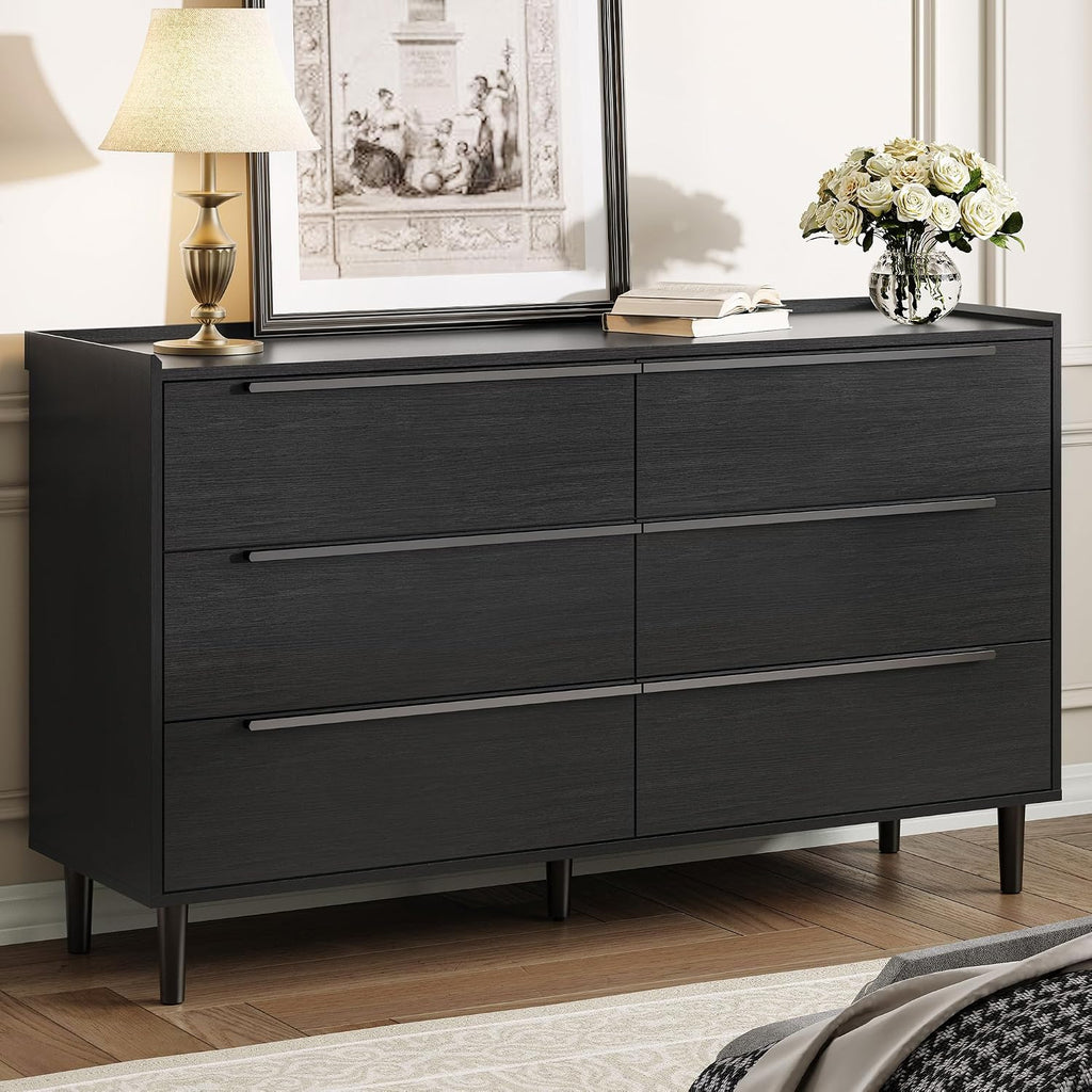 54' Wide Black 6 Drawer Dresser for Bedroom, Modern Wood Double Dresser with Raised-Edge Gallery Top, Metal Handles, Tapered Legs, Wide Chest of Drawers, Black Oak