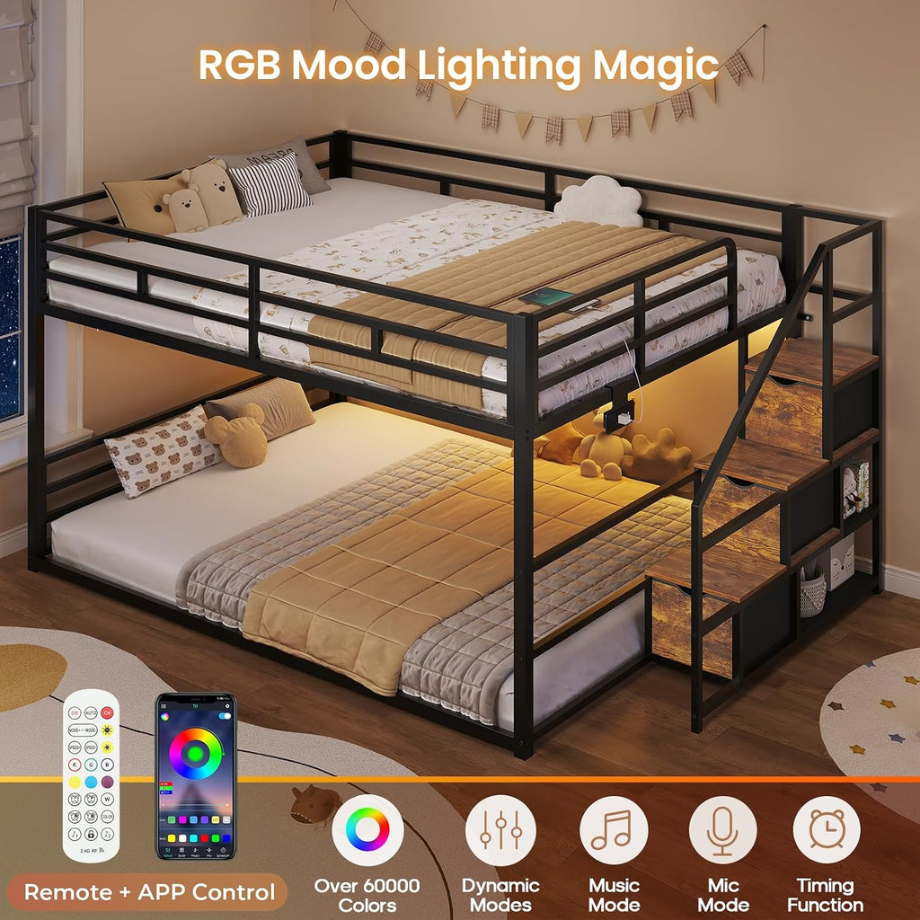 ADORNEVE Low Bunk Bed Full Over Full with Stairs, 3 Storage Drawers & Power Outlet, Full Size Metal Floor Bunk with RGB Lights & Shelves, Space-Saving Kids Bed, Black & Brown