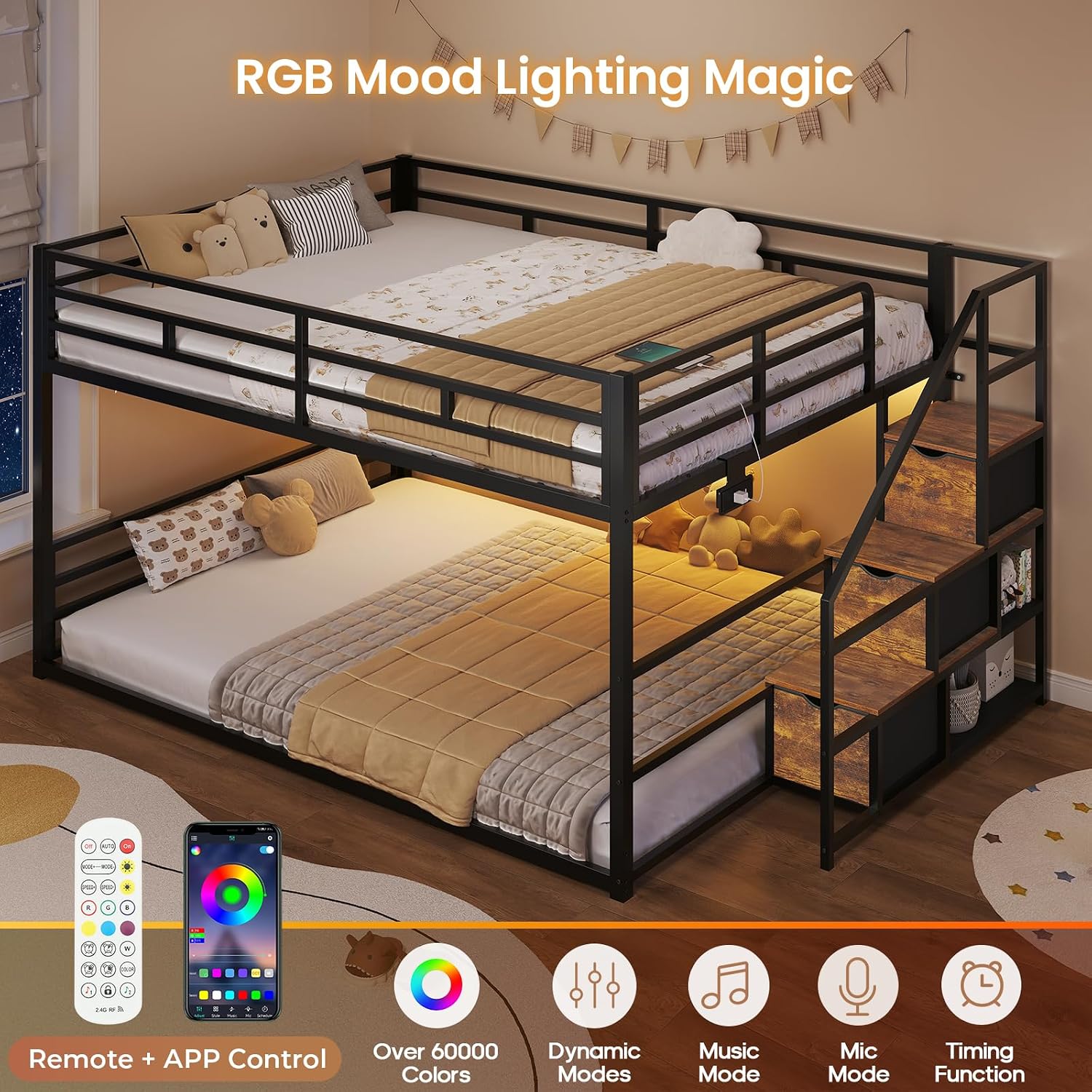 ADORNEVE Low Bunk Bed Full Over Full with Stairs, 3 Storage Drawers & Power Outlet, Full Size Metal Floor Bunk with RGB Lights & Shelves, Space-Saving Kids Bed, Black & Brown