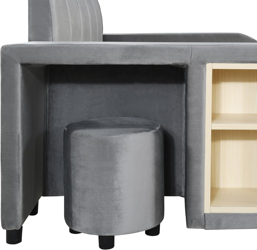 Merax Full Size Upholstered Grounded Bed, Mother & Child Bed with Bedside Desk and Little Round Stool, Velvet, Gray
