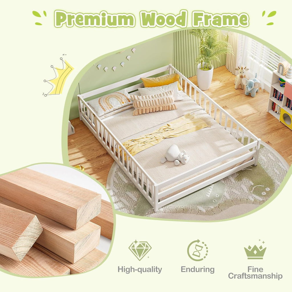 KOMFOTT Full Size Wood Floor Bed with Door & Fence, Montessori Bed Frame with Full Length Safety Guardrails, Door & Latch, Wooden Montessori Floor Bed for Kids, Girls, Boys (Full,White)