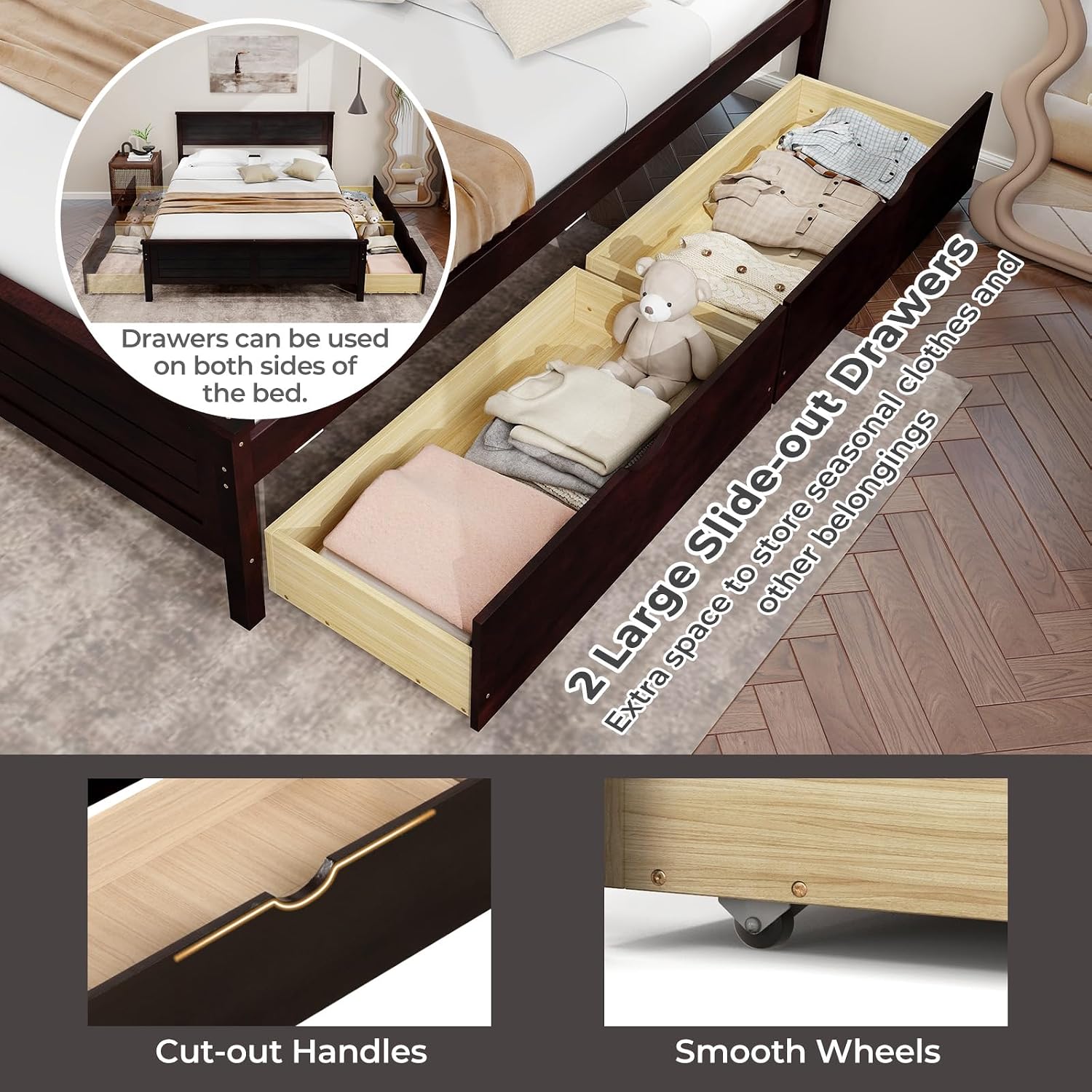 Giantex Wood Full Size Bed Frame with 2 Storage Drawers, Solid Wood Platform Bed with Headboard, Wooden Slats Mattress Foundation, No Spring Needed, Full Bed Frame for Kids, Teens, Adults, Espresso