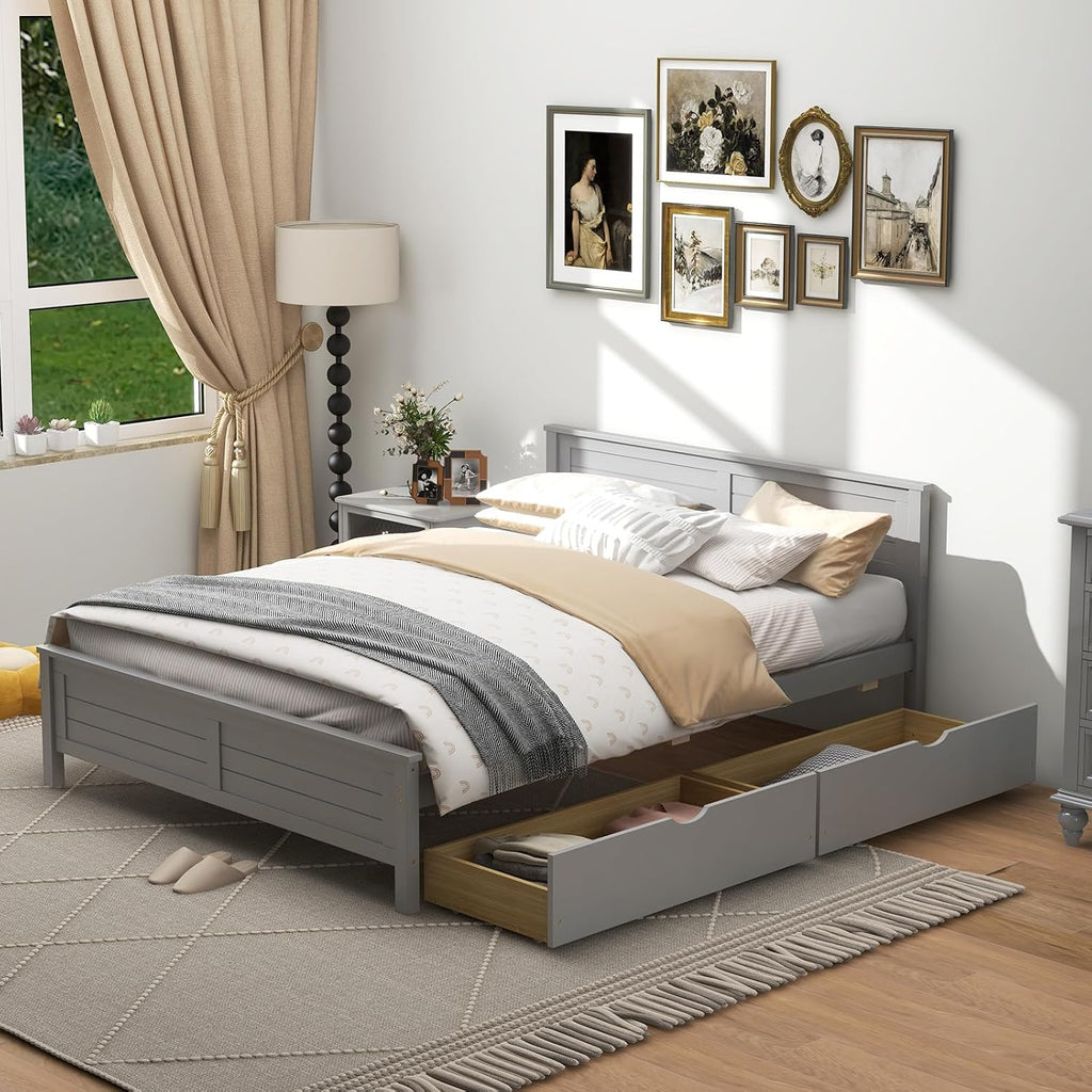 GOFLAME Full Size Bed Frame with 2 Drawers, Platform Bed with Solid Wood Headboard & Footboard, Wood Slats Support Mattress Foundation, Under Bed Storage, No Box Spring Needed, Easy Assembly, Grey
