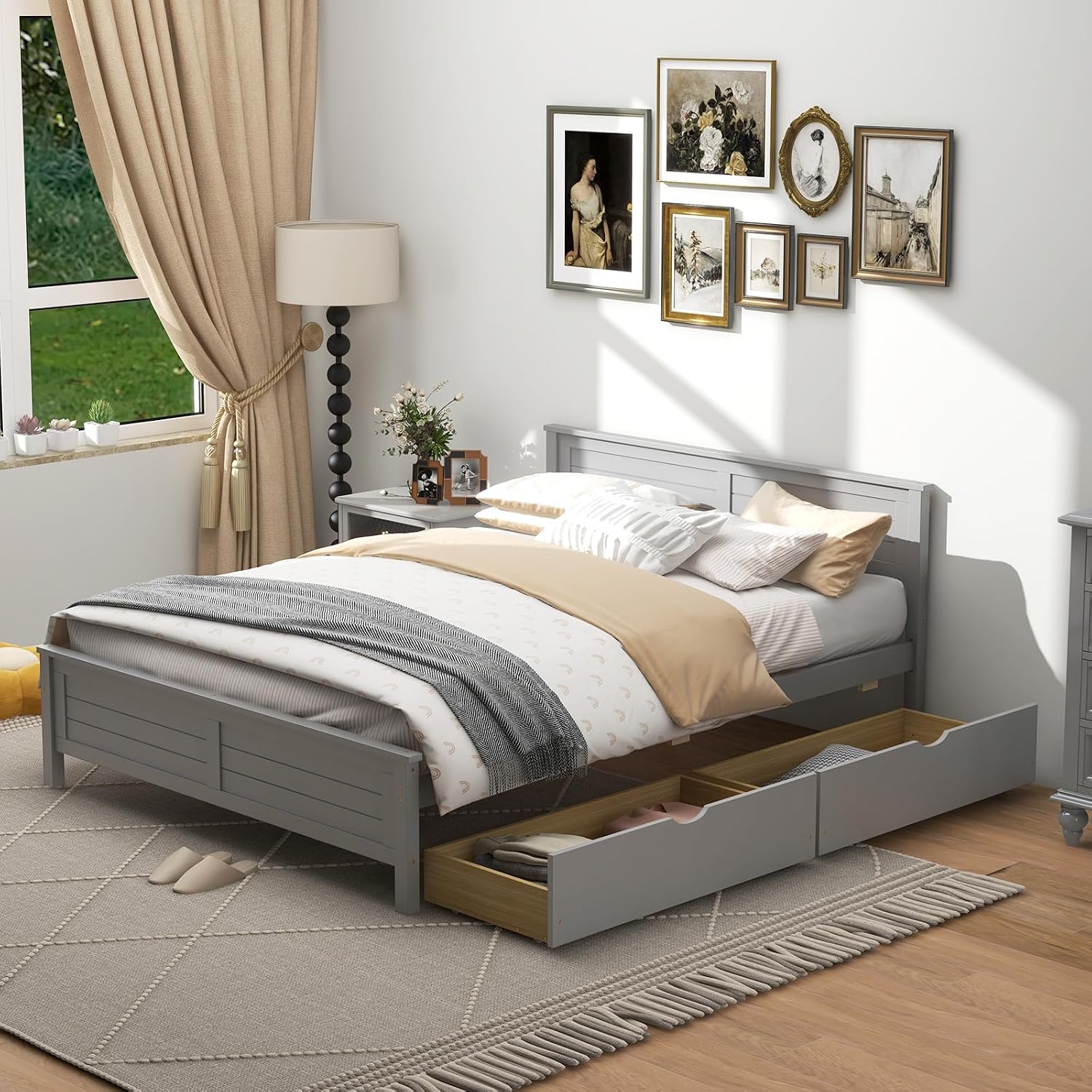 GOFLAME Full Size Bed Frame with 2 Drawers, Platform Bed with Solid Wood Headboard & Footboard, Wood Slats Support Mattress Foundation, Under Bed Storage, No Box Spring Needed, Easy Assembly, Grey