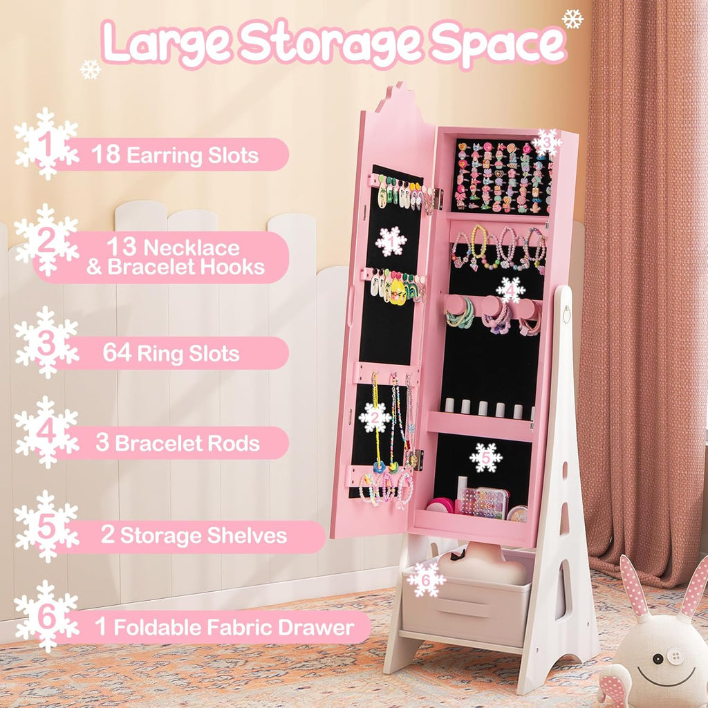 Costzon Kids Vanity & Jewelry Armoire Cabinet, Kids Vanity Table and Chair Set, Standing Jewelry Organizer with Full-Length Mirror, Kids Bedroom Furniture Set for Girls, Snowflake Print (Pink)